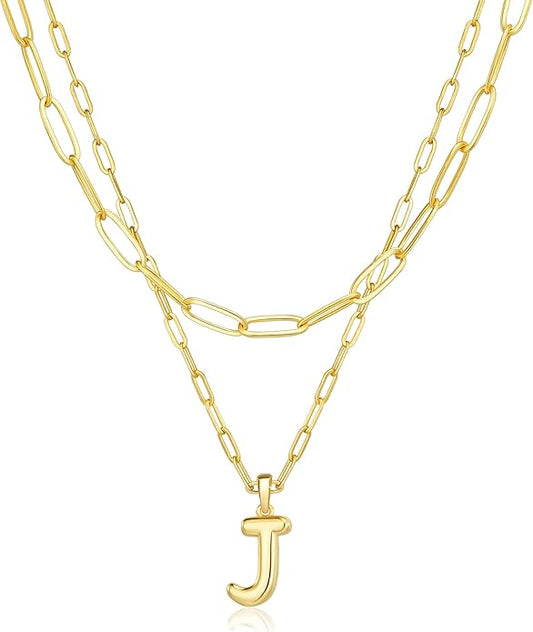 adoyi Gold Necklace for Women Layered Bubble Heart Letter Initial Necklaces for Women Trendy Jewelry 14K Gold Plated Chain Chunky Name Necklace Stack Charm A-Z Pendant Set Jewelry Gifts