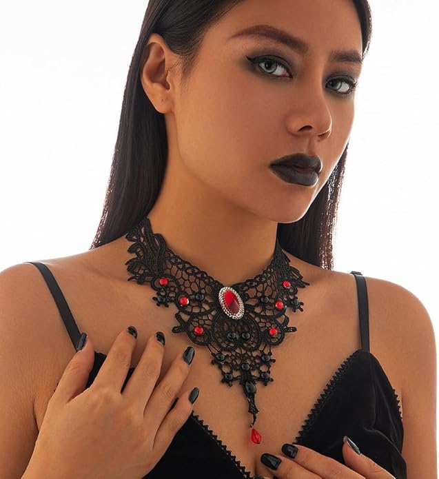 Black Lace Choker Necklace for Women Gothic Crystal Necklace Goth Collar Choker Necklaces Vintage Victorian Necklaces Halloween Costume Accessories