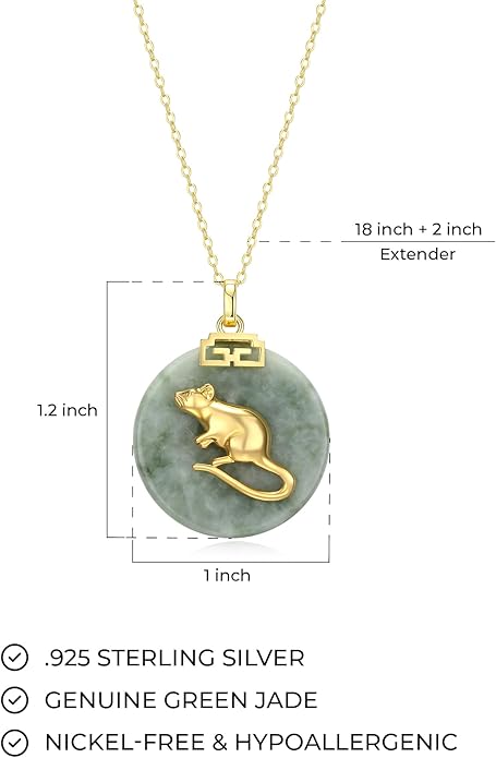 ETERNAL JADE .925 Sterling Silver 18K Gold Plated Chinese Zodiac Sign Pendant Necklaces for Women - Hypoallergenic Genuine Green Jade Gold Necklace for Women Zodiac Year Jewelry, 18 inch Chain
