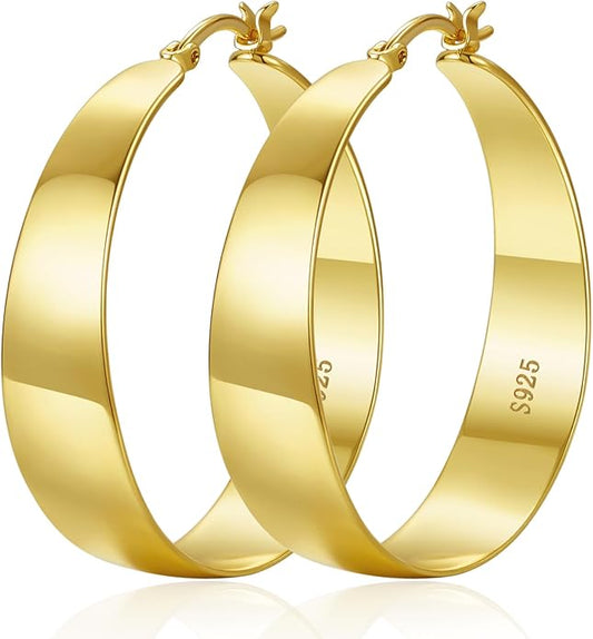 10MM Wide Thick Gold Hoop Earrings for Women Hypoallergenic 925 Sterling Silver Large Hoop Lightweight Chunky Hoops Earring for Women Jewelry Gifts