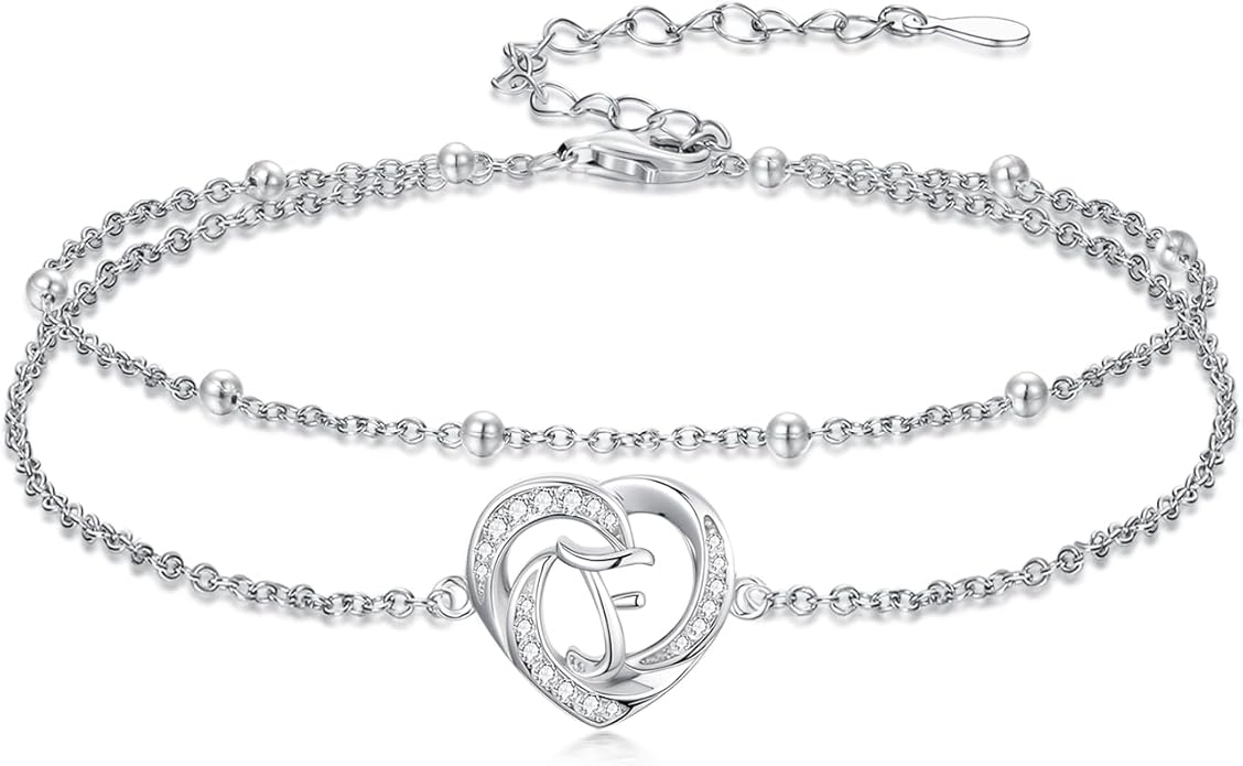 Dorunmo Initial Anklet 925 Sterling Silver Letter A-Z Layered Heart Anklet Beach Jewelry Birthday Gifts for Women