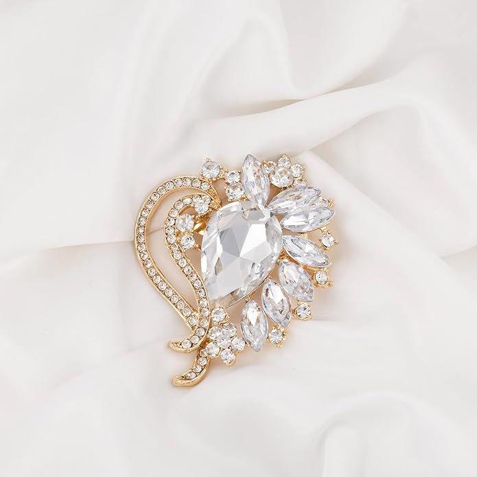 LAXPICOL Vintage Austrian Crystal Elegant Heart Flower Brooch Pin For Women Wedding Broach Pin