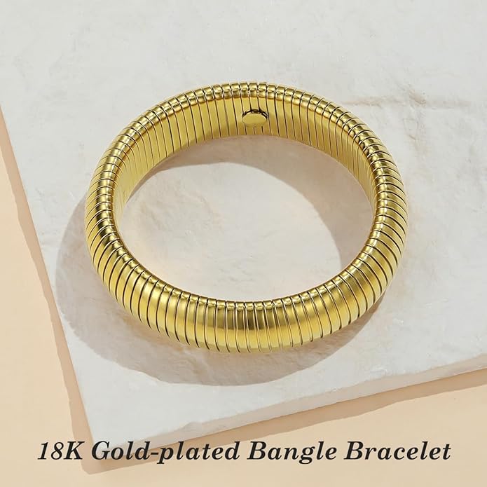 Emibele Gold Bangles Bracelet Set for Women, 18K Gold Plated Chunky Stainless Steel Non Tarnish Stretch Bracelet Stack, Flexible Wide Wristband Bangle Layered Snake Chain Bracelets