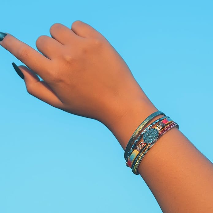 FANCY SHINY Leather Wrap Bracelet Boho Cuff Bangle Bracelets Crystal Bead Bracelet with Magnetic Clasp Jewelry Gifts for Women