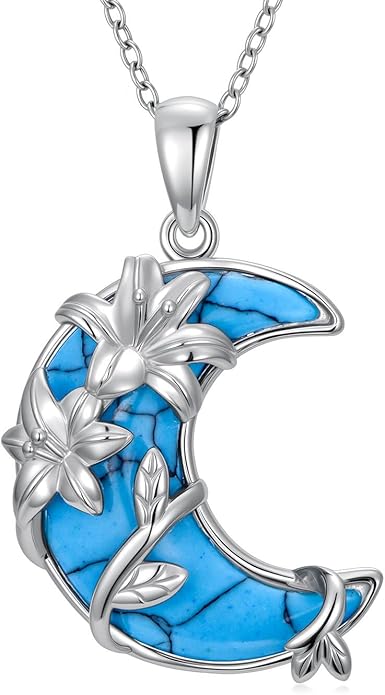 SELKAT 925 Sterling Silver Turquoise Moon Pendant Necklace for Women, Snake/Flower/Bow/Tree of Life/Star Moon Necklace, Dainty Jewelry for Daily Wear & Gifts