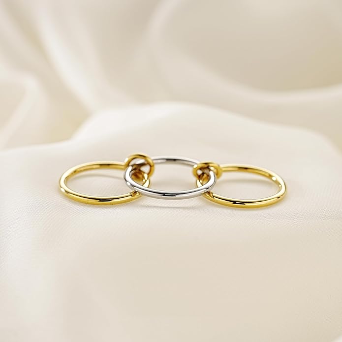 AllenCOCO 14K Gold Plated Stackable Rings, 3 Ring Set with CZ Cubic Zirconia, Gold & Silver Stacked, Multi-Link Connected Interlocking Band for Women Statement Hypoallergenic Upgraded Craft