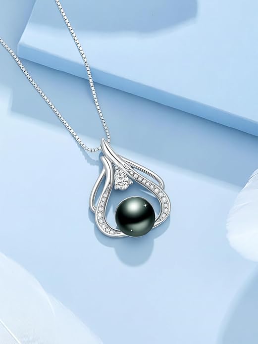 KANNSOAR Tahitian Black Pearl 18K White Gold Plated Sterling Silver Heart/Infinity/Four Leaf Clover Pendant Necklace Jewelry Gifts for Women Wife Mom Girlfriend Wedding Birthday Anniversary Christmas