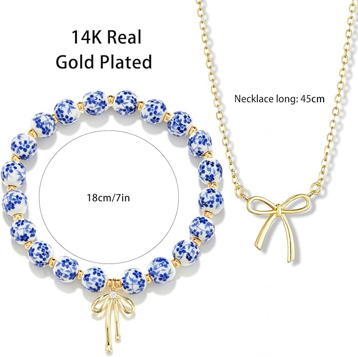 Qiuseadu Bow Bracelet Necklace Set 14K Gold Beaded Bracelet Dainty Bow Pendant Choker Jewelry Gift Set