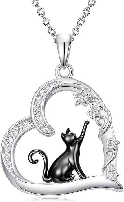 Cat Gifts for Women 925 Sterling Silver Heart Moon Cat Necklace Pendant Women Jewelry Halloween Christmas Gifts