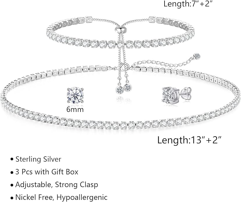 Tennis Necklace Bracelet for Women, Sterling Sliver, Dainty Chocker Necklace, Crystal Bracelet for Women, Wedding Jewelry for Bride, Sparkly Party Prom Hypoallergenic