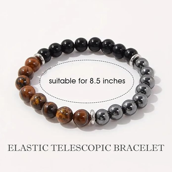Energy Mens Beaded Bracelets,Triple Protection Bracelet for Men,Made of Three Kinds of 8mm Beads (Black Obsidian Hematite Tiger Eye Beaded), Personalized Gifts for Men