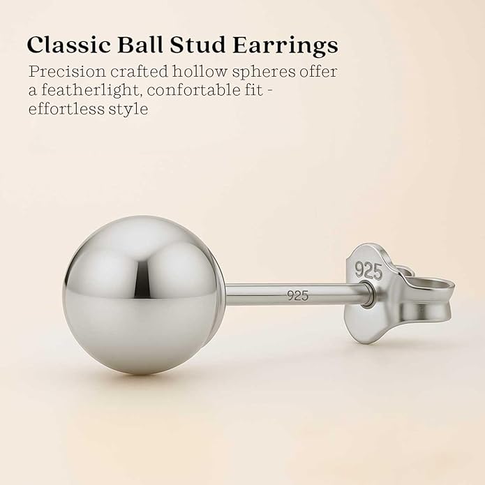 KEZEF Sterling Silver Ball Stud Earrings Hypoallergenic Earrings for Women | Available in Sterling Silver, Rose Gold, or 14K Gold Plated Silver (2mm-10mm)