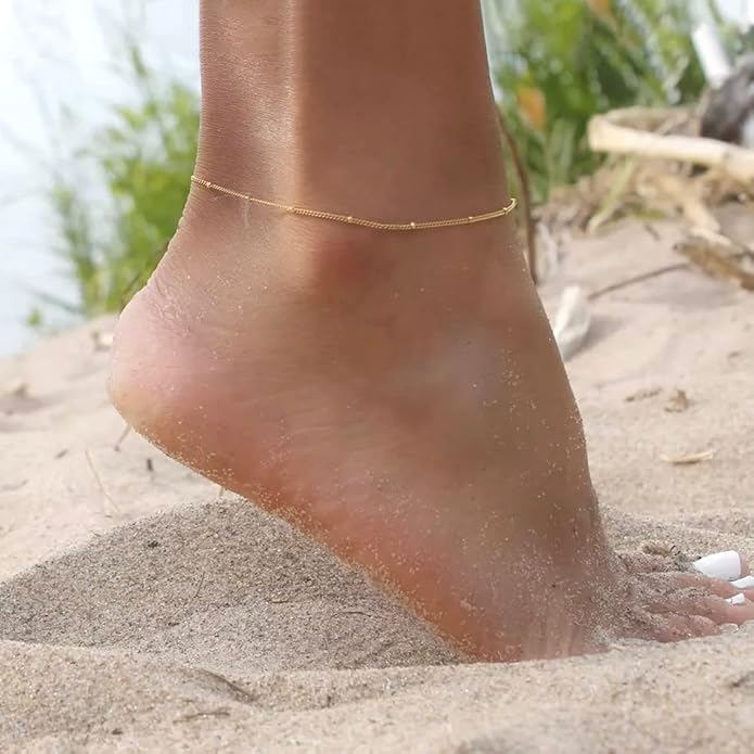 Dainty Ankle Bracelets for Women 18K Gold Plated Satellite Beaded Herringbone Chain Anklets Simple Lip Chain Anklet Minimalist Summer Beach Foot Jewelry Christmas