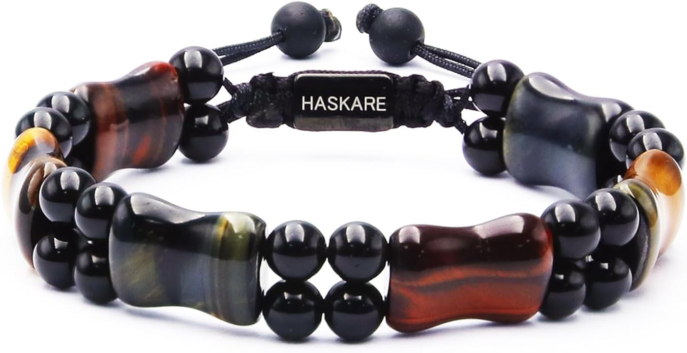 Protection Crystals Mens Bracelet Tiger Eye, Natural Stone Multicolored Tiger Eye Bracelets for Men, HASKARE Healing Crystals Unique Energy Beads Bracelet Gift for Mens Jewelry Trendy Spiritual Relief