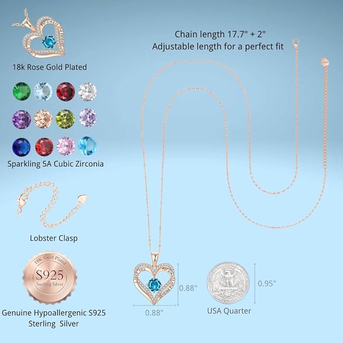 Birthstone Heart Necklace for Women Wife Girlfriend Mom Daughter Gifts S925 Silver Jewelry For Anniversary Rose Gold Gifts For Birthday Christmas Mothers Valentines Day