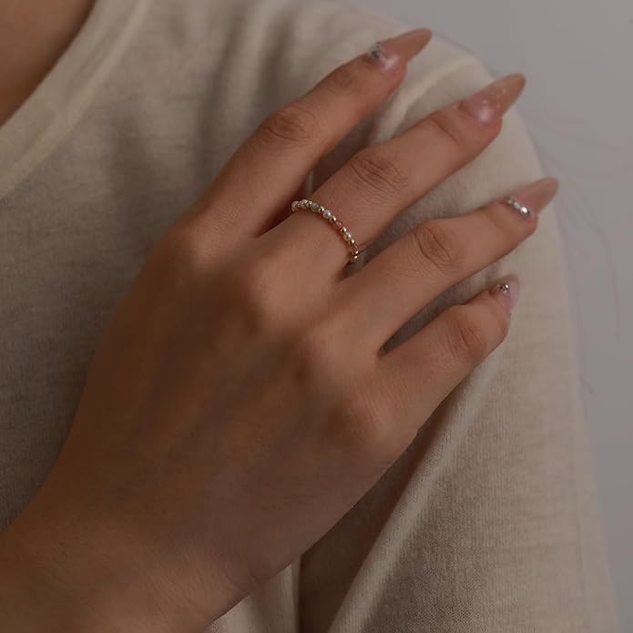 2-2.5mm 14k Gold Filled Rainbow Ring Stackable Round Natural Colored Crystal Freshwater Pearl Ring Gift for Women