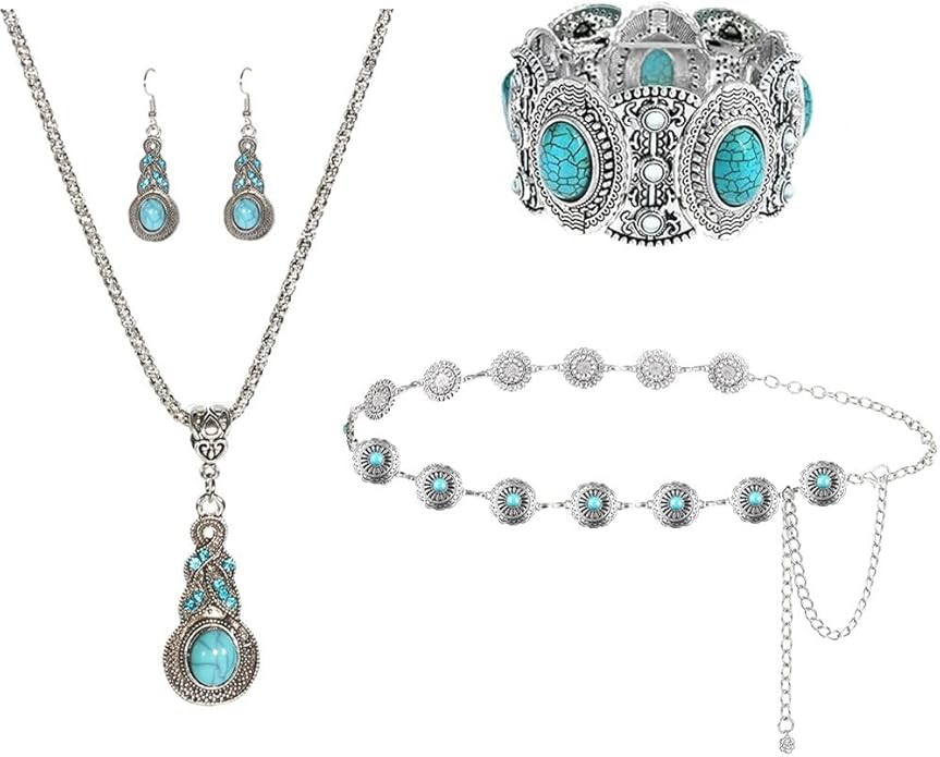 Bohemian Turquoise Necklace Set - Women's Western Jewelry with Long Choker, Pendant, Dangle Earrings, Layered Bracelets