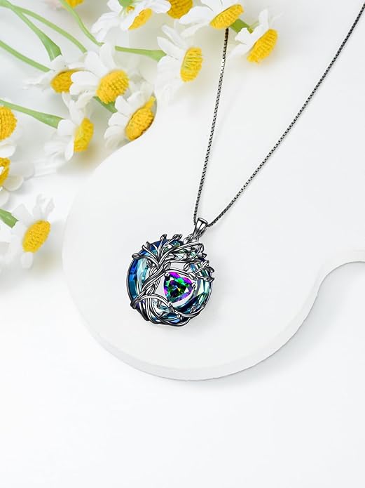 TOUPOP Christmas Gifts Tree of Life Birthstone Necklace 925 Sterling Silver Pendant Austrian Crystal Jewelry Anniversary Birthday Gifts for Women Mom Her Wife
