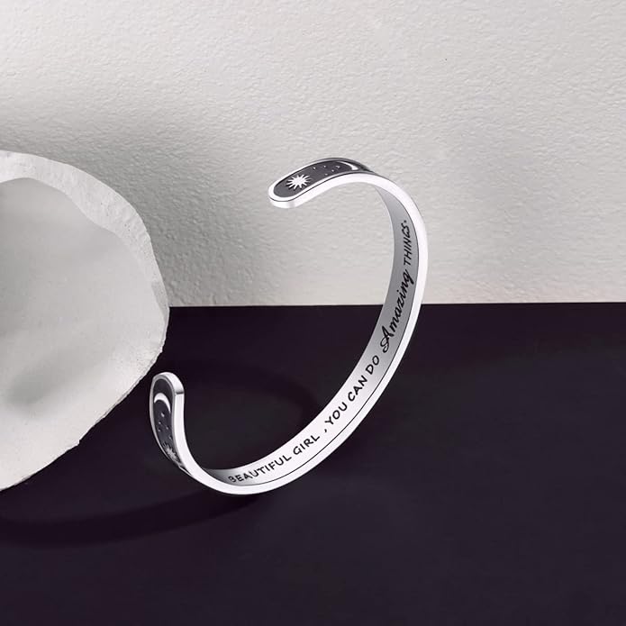 TONY & SANDY Inspirational Bracelets for Women Teen Girls Personalized Gifts for Daughter Granddaughter Mom Sister Friends Stainless Steel Engraved Cuff Birthday Easter Christmas