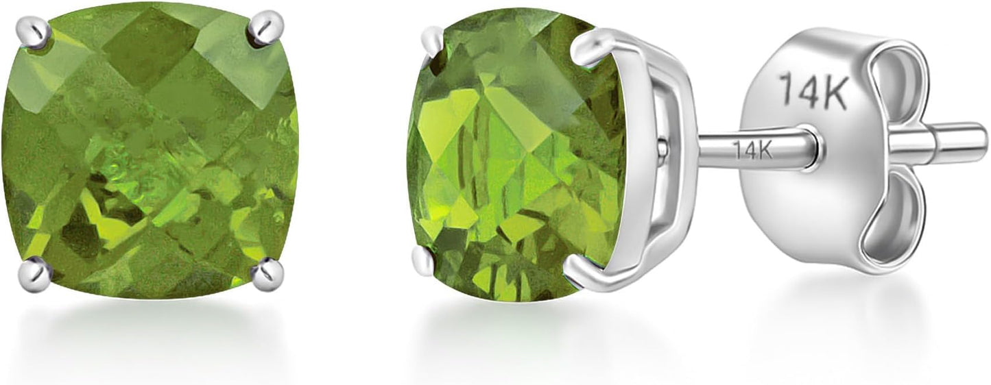 14k Gold 6MM Cushion Cut Stud Gemstone Earrings | Hypoallergenic Solitaire Gemstone Studs with 14K Gold Backs | Lightweight Birthstone Earrings with Gift Box by MAX + STONE