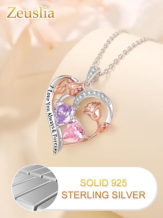 Zeuslia Double Birthstone Necklace Gifts for Wife - 925 Sterling Silver Sunflower/Rose/Crown Cross/Compass/Heart Pendant I Love You Necklace, Anniversary Birthday Gifts for Wife Girlfriend Mom Her