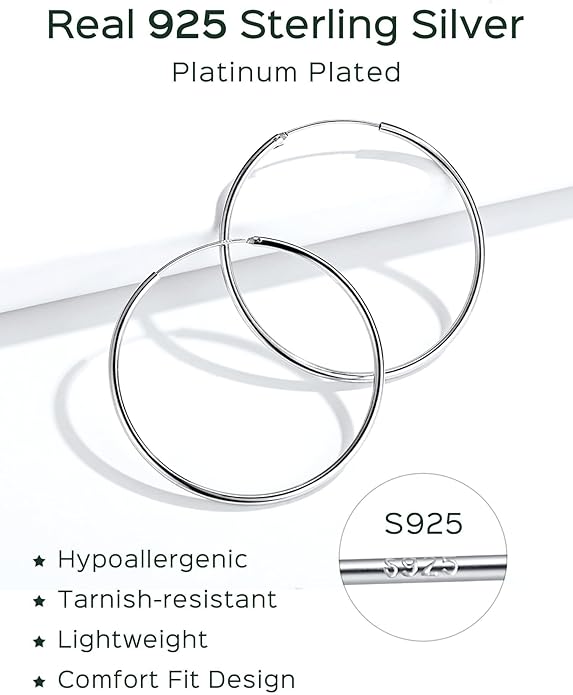 ChicSilver Hypoallergenic 925 Sterling Silver Hoop Earrings for Women, Lightweight Large Gold Plated Hoop Earrings, Endless Hoops Huggie Earrings 15/20/30/50/70MM