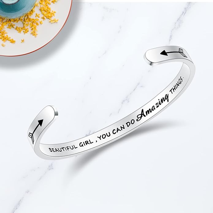 TONY & SANDY Inspirational Bracelets for Women Teen Girls Personalized Gifts for Daughter Granddaughter Mom Sister Friends Stainless Steel Engraved Cuff Birthday Easter Christmas