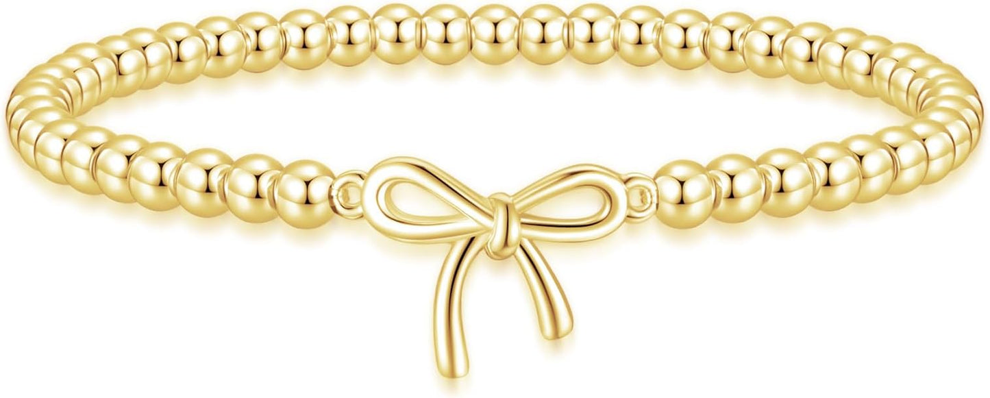 Beaded Bracelet for Women Trendy Stretch Handmade Ball Charm Bracelet Dainty Cross Heart Bow Wave CZ Stackable Jewelry Charm Gifts for Her
