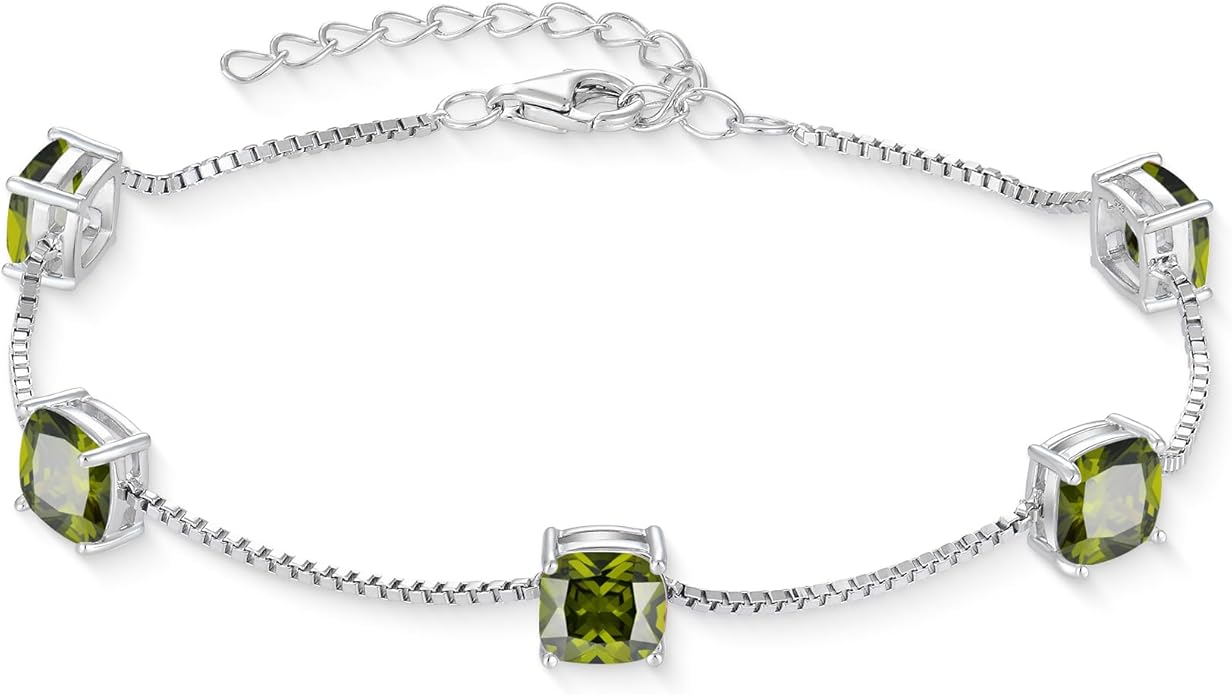 Birthstone Bracelet for Women 925 Sterling Silver Dainty Princess Cut Link Bracelet Jewelry Gifts for Her