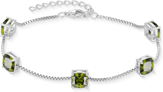 Birthstone Bracelet for Women 925 Sterling Silver Dainty Princess Cut Link Bracelet Jewelry Gifts for Her