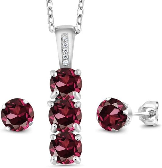 Gem Stone King 925 Sterling Silver 5MM Gemstone Birthstone and White Diamond 3-Stone Pendant and Earrings Jewelry Set For Women | With 18 Inch Chain