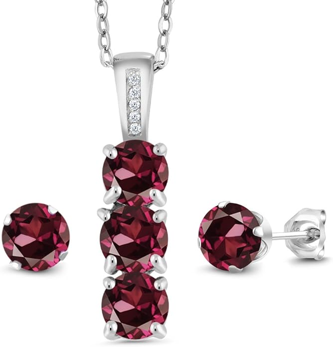 Gem Stone King 925 Sterling Silver 5MM Gemstone Birthstone and White Diamond 3-Stone Pendant and Earrings Jewelry Set For Women | With 18 Inch Chain