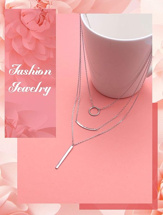 S925 Sterling Silver Layered Necklaces Multi 3 Layer Circle Bar Boho Long Triple Choker Pendant Necklace Jewerly Gift for Women