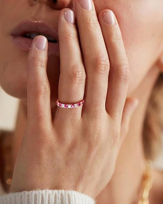 CAIDIKA Created Ruby/Sapphire/Emerald Stackable Rings for Women 14K Gold Plated/ 925 Sterling Silver 2.2mm Wedding Band Ring (with Gift Box)