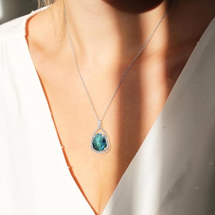 Teardrop Turquoise Pendant Necklace, 925 Sterling Silver December Birthstone Necklace Vintage Western Jewelry Gift for Women