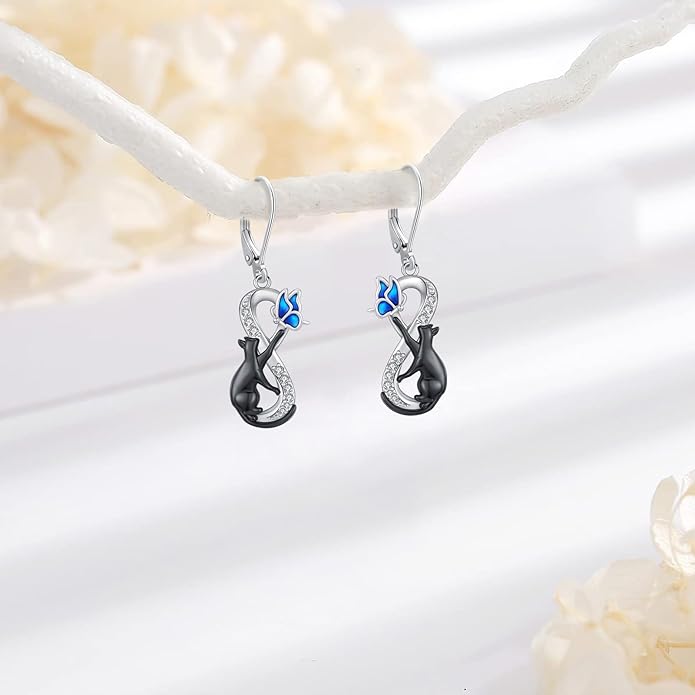 Black Cat/Turtle/Moonstone//Turquoise/Flower/Tree of Life Earrings Sterling Silver Cute Animal Leverback Dangle Earrings Jewelry Gifts