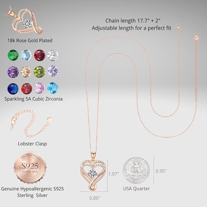 Birthstone Infinity Heart Necklace for Women Wife Girlfriend Mom Daughter Gifts S925 Silver Jewelry For Anniversary Rose Gold Gifts For Birthday Christmas Mothers Valentines Day