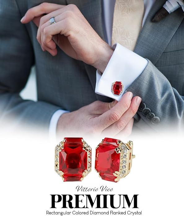 Rectangular Colored Diamond-Flanked Crystal Cuff Links – Tuxedo Suit Accessories, Cufflinks for Men