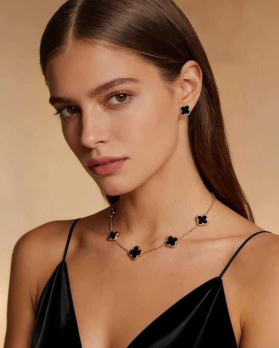 Aimétte Monette 18K Gold Plated Jewelry Set Clover Necklace Stud Earrings for Women Hypoallergenic Lucky Clover Pendant Necklace Gold Bracelets for Women Gifts