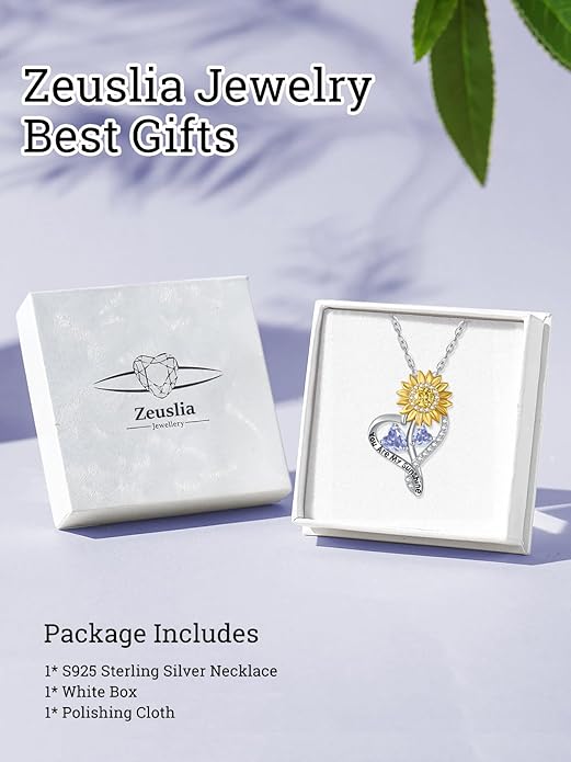 Zeuslia Double Birthstone Necklace Gifts for Wife - 925 Sterling Silver Sunflower/Rose/Crown Cross/Compass/Heart Pendant I Love You Necklace, Anniversary Birthday Gifts for Wife Girlfriend Mom Her