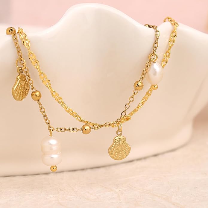 Dainty Gold Shell Pearl Charm Ankle Bracelet for Women Trendy non-Tarnish Adjustable Anklet Summer Beach Fashion Jewelry Gift