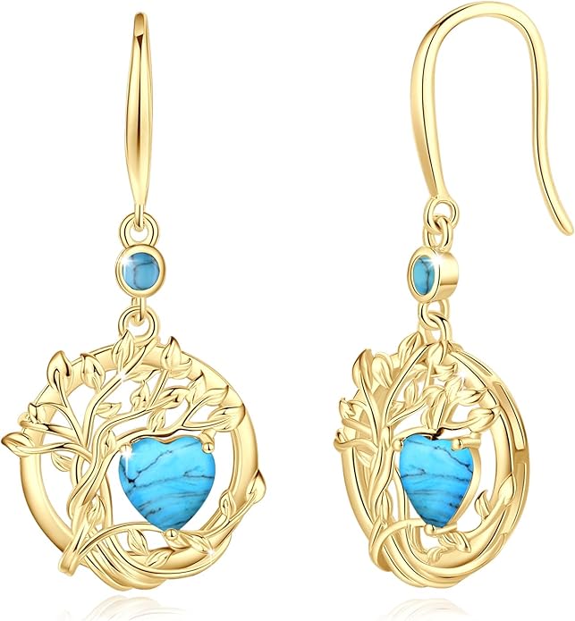 FANCIME Tree of Life Dangle Drop Earrings 925 Sterling Silver Dainty Round Gemstone Birthstone Earring Fine Jewelry Birthday Christmas Gifts for Her Women