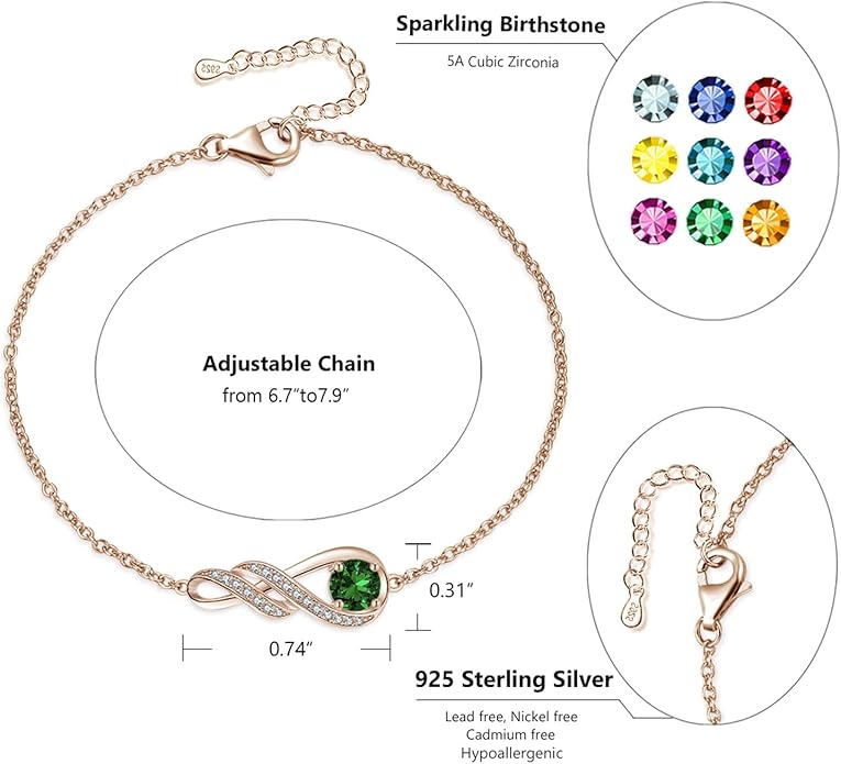 Birthstone Bracelets for Women 925 Sterling Silver Created Gemstone Bracelet Infinity Pendant Jewelry for Her, 6.7"+1.2"