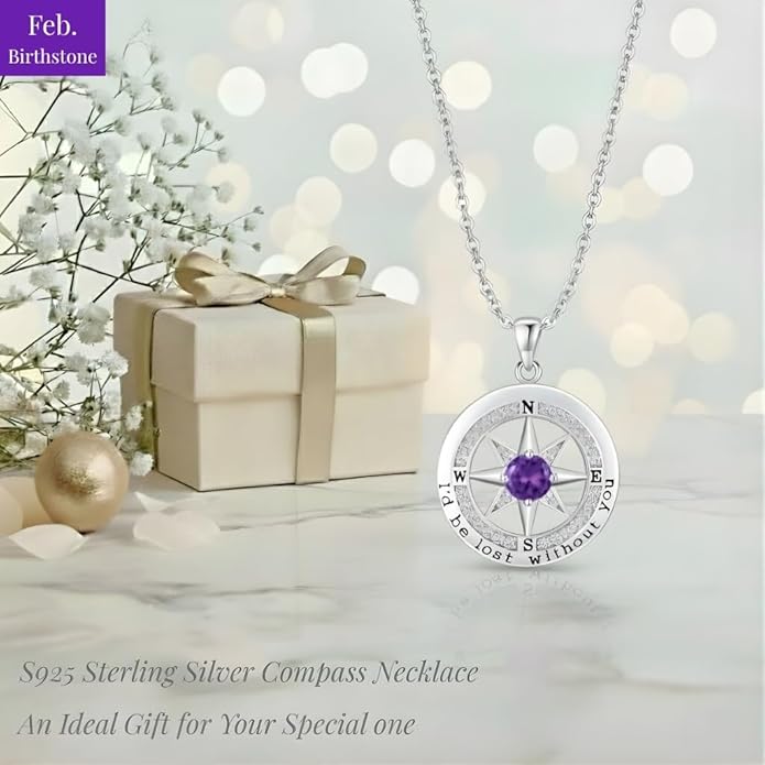 Compass Necklace for Women Wife Girlfriend Mom Daughter Gifts S925 Silver Jewelry For Anniversary Rose Gold Gifts For Birthday Christmas Mothers Valentines Day 12 Birthstones