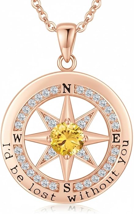 Compass Necklace for Women Wife Girlfriend Mom Daughter Gifts S925 Silver Jewelry For Anniversary Rose Gold Gifts For Birthday Christmas Mothers Valentines Day 12 Birthstones