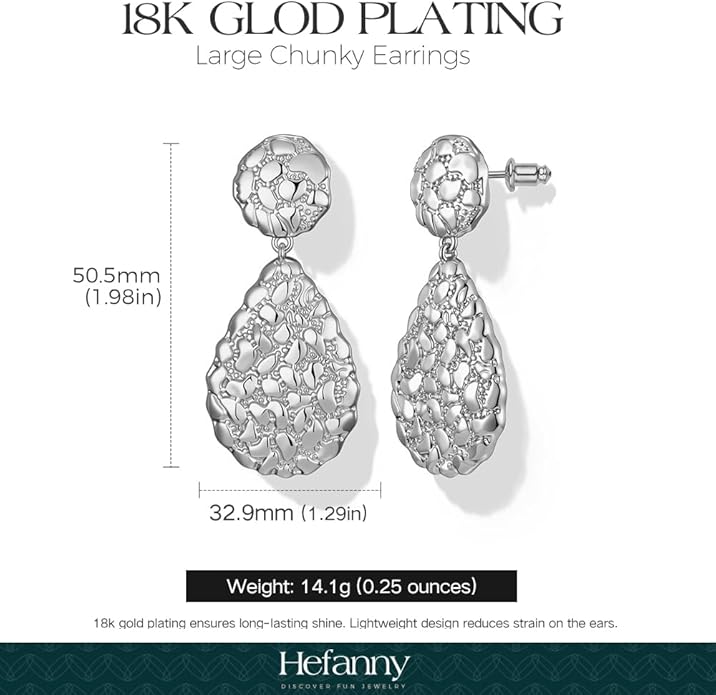 Hefanny Large Hammered Teardrop Dangle Earrings Geometric Chunky Flower Earrings Women's Trendy Statement Jewelry Multiple Styles