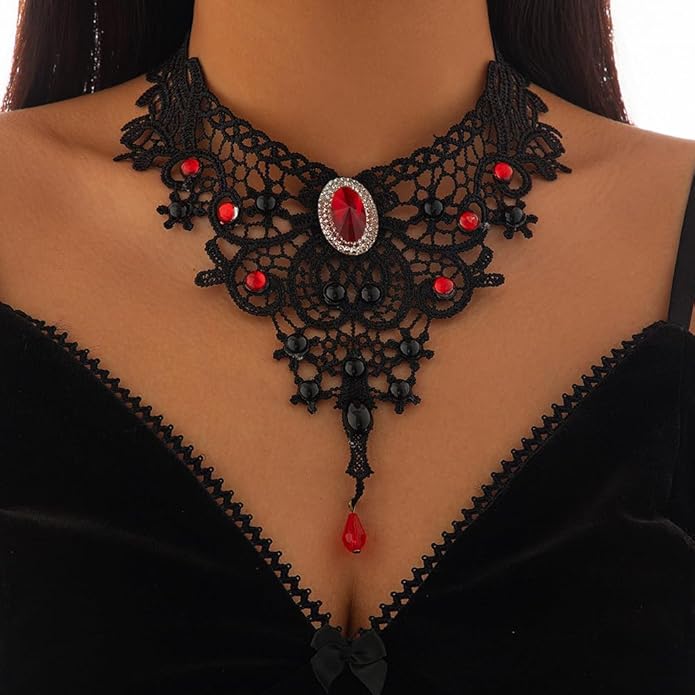 Black Lace Choker Necklace for Women Gothic Crystal Necklace Goth Collar Choker Necklaces Vintage Victorian Necklaces Halloween Costume Accessories