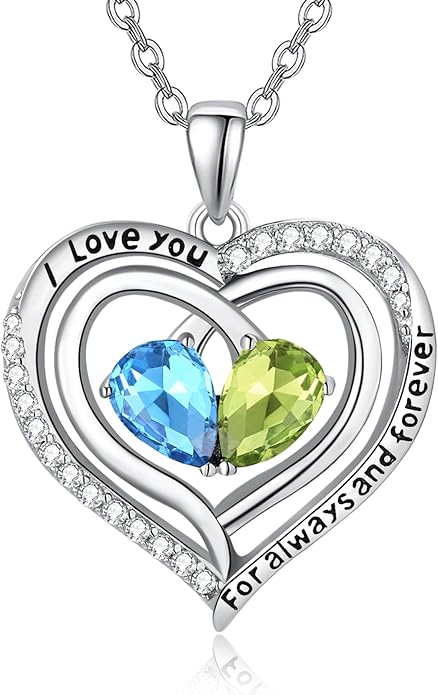 Zeuslia Double Birthstone Necklace Gifts for Wife - 925 Sterling Silver Sunflower/Rose/Crown Cross/Compass/Heart Pendant I Love You Necklace, Anniversary Birthday Gifts for Wife Girlfriend Mom Her