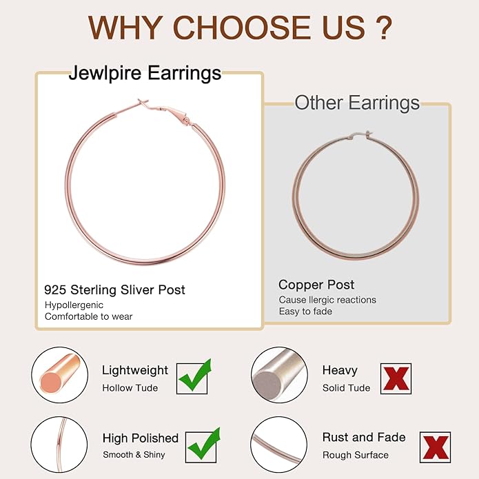 Jewlpire 14K Gold Plated 925 Sterling Sliver Post Hoop Earrings, 2MM Thick Hoop earrings Lightweight Large Hoop Earrings for Women Trendy 20/30/40/50/60/70mm