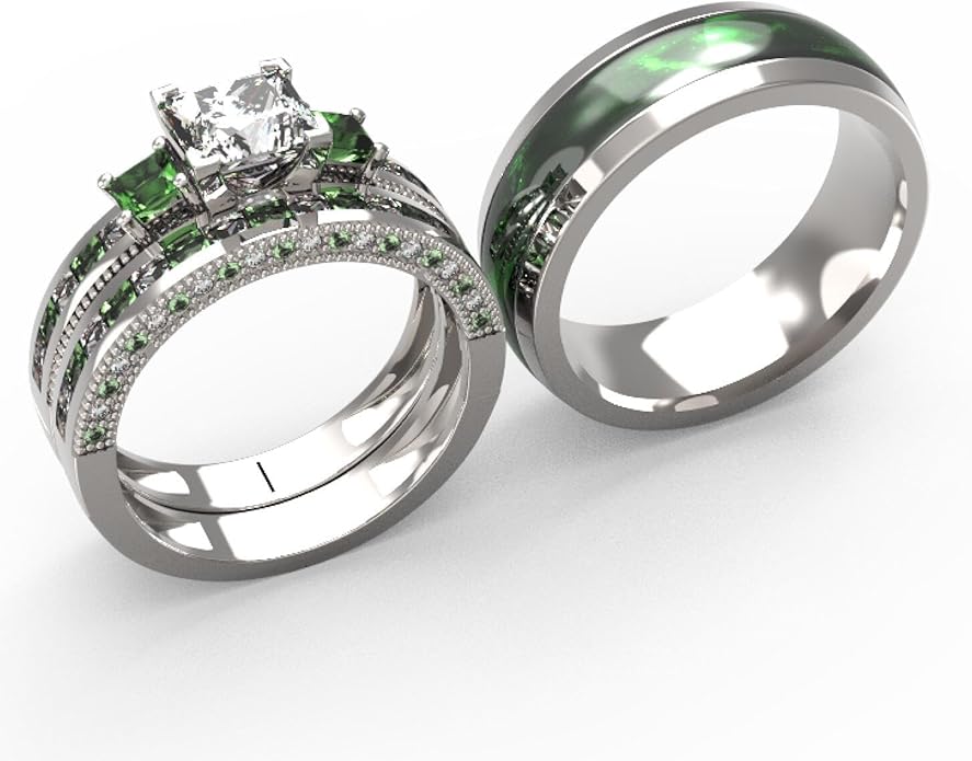 TWO RINGS Wedding Ring Sets His And Hers Promise Ring Couples Bridal Sets Women 925 Sterling Silver square Cz Man Stainless Steel Brushed Finished Wedding Bands